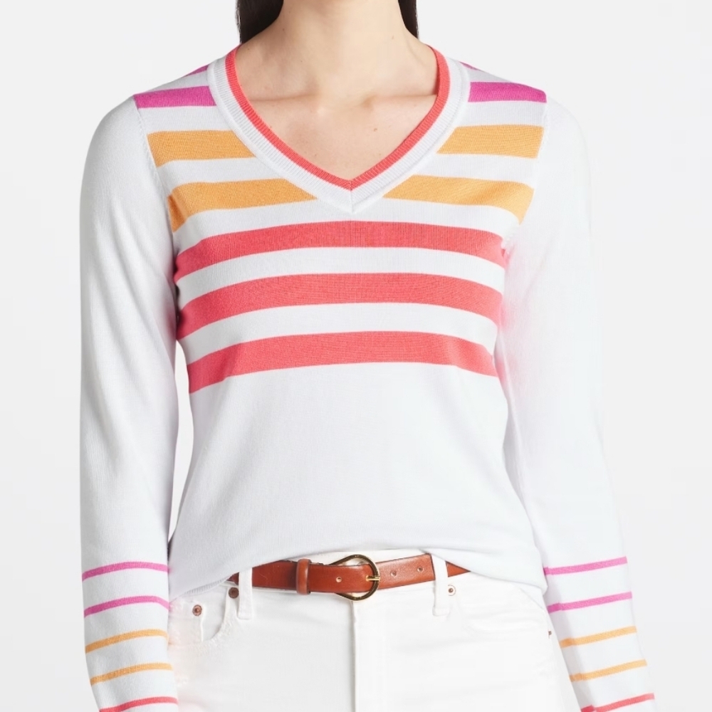 Spring 🌼 V-Neck Sweater - Pink, Orange, and White, Colorful & Fun Lightweight